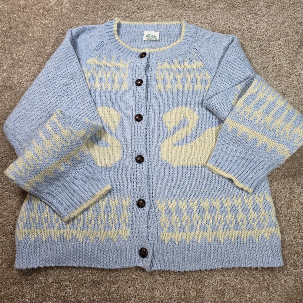 NewIn Very J Cardigan Sweater Blue Cream Swan Intarsia Knit Cottagecore Large
